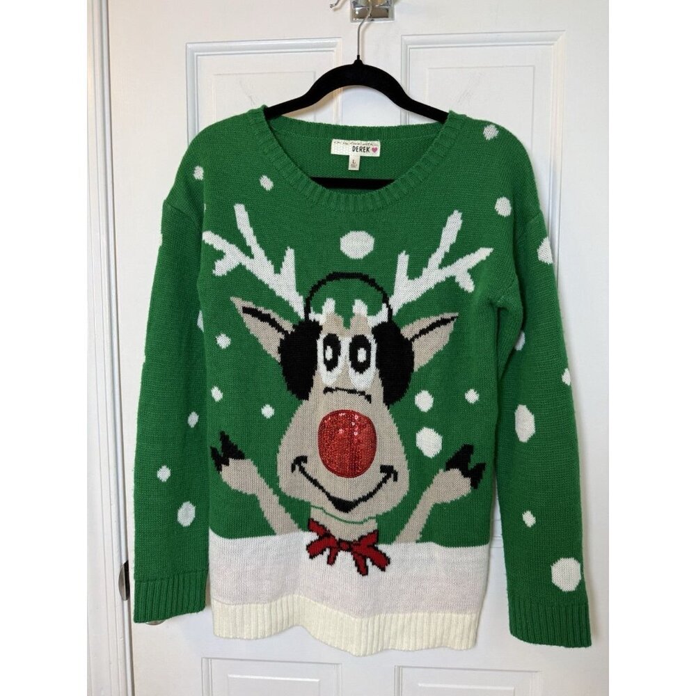 Love Derek Women's Size Large Green Red Nose Reindeer Holiday Pullover Sweater